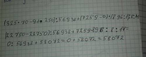 Решите пример ! (325•70-91•250): 56938+(7259-0)•(896: 1): 8: 14=? по действиям в столбик.