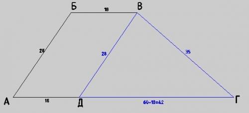 Основи трапеції дорівнюють 60 і 18 см.а бічні сторони 28 і 35 см .обчисліть кути трапецій