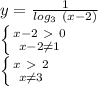 y= \frac{1}{log_3\ (x-2)}\\ \left \{ {{x-2\ \textgreater \ 0} \atop {x-2 \neq 1}} \right. \\\left \{ {x\ \textgreater \ 2} \atop {x \neq 3}} \right.\\