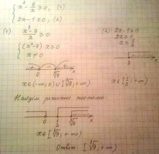 Решите систему неравенств: { x^2-9/x; > =0 {2x-1> =0