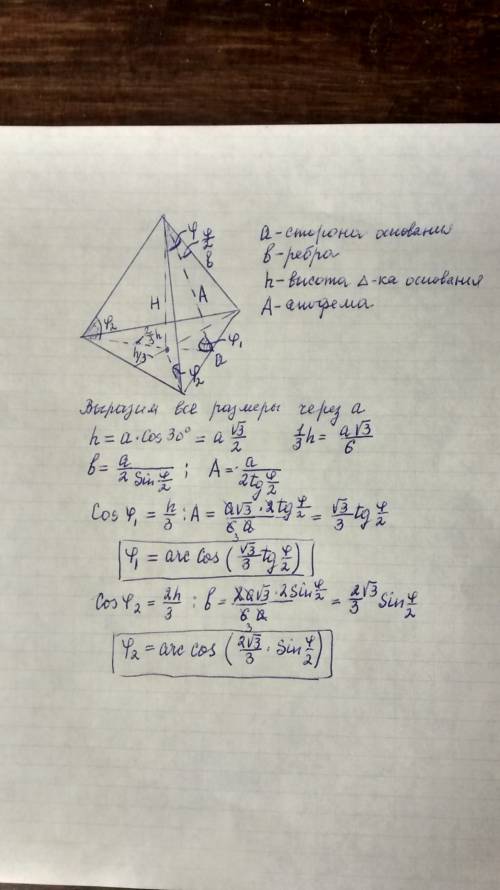 Вправильной треугольной пирамиде угол при вершине в боковой грани равен фи. выразите через него двуг