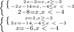 \left \{ {{ \left \{ {{2x-2=x,x \geq -3} \atop {-2x-14=x,-4 \leq x \ \textless \ -3}} \right. } \atop {2-8=x,x\ \textless \ -4}} \right. \\ \left \{ {{ \left \{ {{x=2,x \geq -3} \atop {3x=-14,-4 \leq x \ \textless \ -3}} \right. } \atop {x=-6,x\ \textless \ -4}} \right.