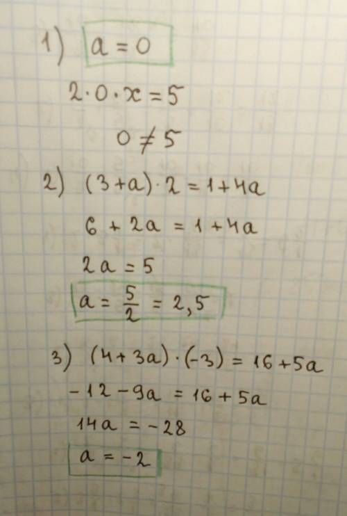 При каком значении a уравнение: 1) 2 ax=5 не имеет корней; 2) (3+a)x =1+4a имеет корень, равный числ