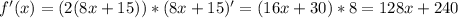 f'(x)=(2(8x+15))*(8x+15)'=(16x+30)*8=128x+240