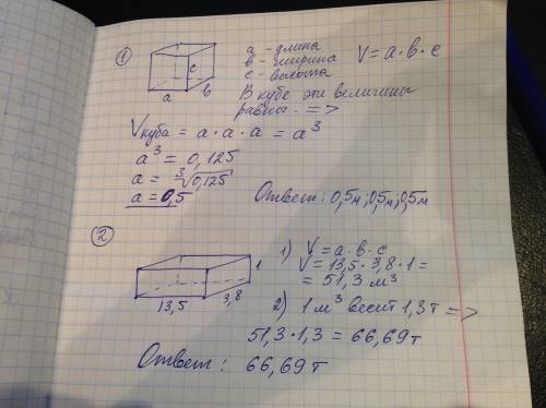 Решите две , ! 1. аквариум кубической формы имеет объем 0,125 м³. каковы измерения этого аквариума?