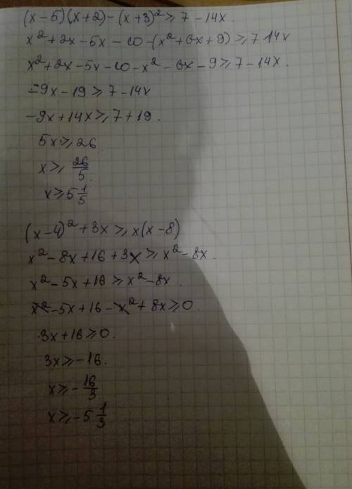 Решите неравенство на листочке (x-5)(x++3)^2≥7-14x (x-4)^2+3x≥x(x-8)