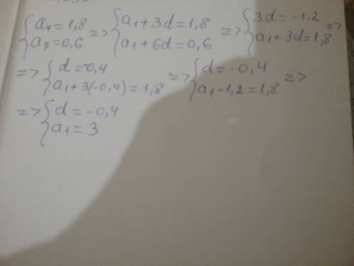 Найдите первый член и разность арифметической прогрессии, если: a4=1,8; a7=0,6