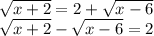 \sqrt{x+2}=2+\sqrt{x-6} \\\sqrt{x+2}-\sqrt{x-6}=2