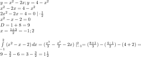 y= x^2-2x; y= 4-x^2\\x^2-2x=4-x^2\\2x^2-2x-4=0\mid \cdot \frac{1}{2}\\x^2-x-2=0\\D=1+8=9\\x=\frac{1\pm3}{2}=-1;2\\\\ \int\limits^2_{-1} {(x^2-x-2)} \, dx =(\frac{x^3}{3}-\frac{x^2}{2}-2x)\mid_{-1}^2=(\frac{8+1}{3})-(\frac{4-1}{2})-(4+2)=\\9-\frac{3}{2}-6=3-\frac{3}{2}=1\frac{1}{2}