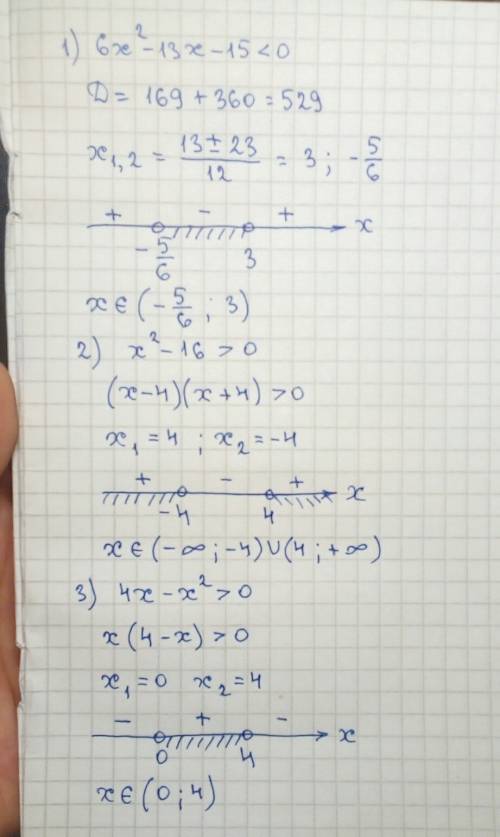 6x^2-13x-15< 0; x^2 -16> o; 4x-x^2> 0.