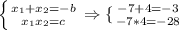 \left \{ {{x_{1}+x_{2} = -b} \atop {x_{1}x_{2} = c}} \right \Rightarrow \{ {{-7+4 = -3} \atop {-7*4 = -28}} \right