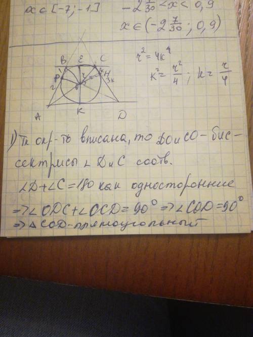 :( 1)в трапецию вписана окружность радиусом r. точки касания с боковыми сторонами делят их соответст