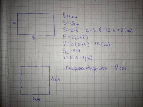 Довжина прямокутника 6 см, а його площа 12 см. побудуй квадрат, периметр якого дорівнює периметру пр