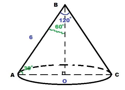 Дан конус, угол abc=120, ab=6, найти радиус и высоту? ( решить не через теорему ! )