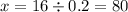 x = 16 \div 0.2 = 80 \\