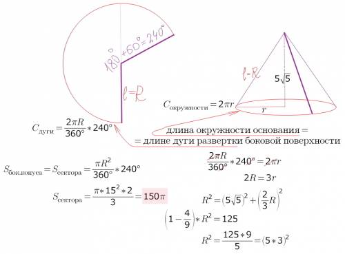 Центральный угол в развертке боковой поверхности конуса равен 240. высота конуса 5√5. найдите площад