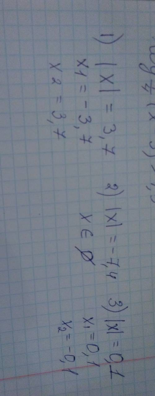 Решите уравнение: 1) |x| = 3,7; 2) |x| = -7,4; 3) |x| = 0,1. : (