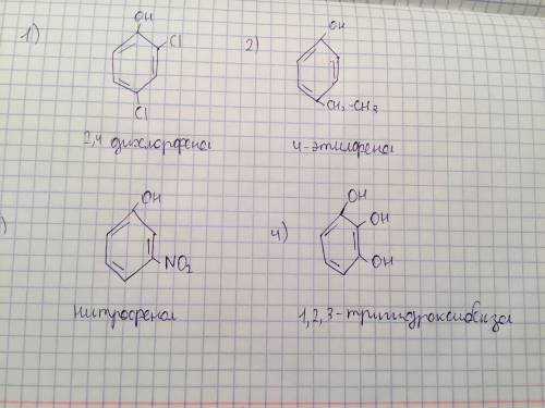 Напишите структурные формулы следующих соединений : 2,4-дихлорфенол; 4-этилфенол; 3-нитрофенол; 1,2,