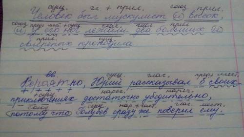 Сделайте синтаксический разбор: человек был мускулист и высок, и у его ног лежали два больших и свир