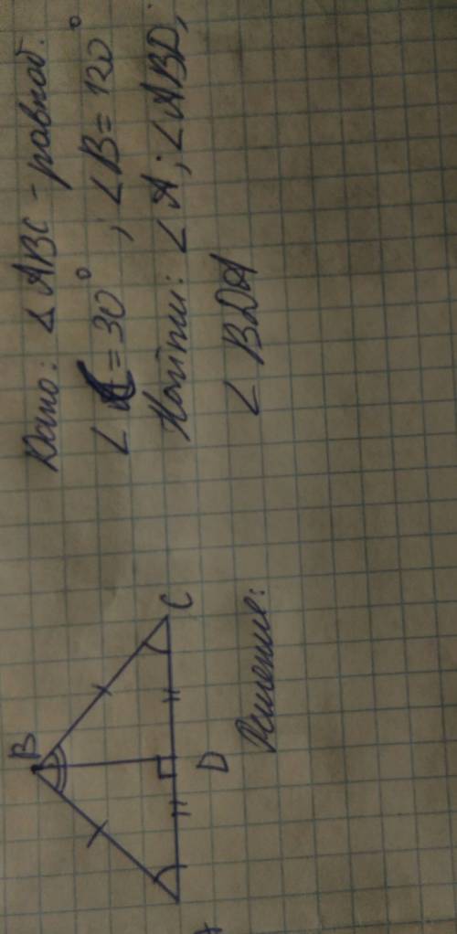 Вравнобедренном треугольнике abc с основанием ac уголc=30 угол b=120 bd-медиана.найдите углы треугол