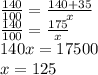 \frac{140}{100} = \frac{140 + 35}{x} \\ \frac{140}{100} = \frac{175}{x} \\ 140x = 17500 \\ x = 125