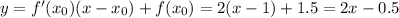 y=f'(x_0)(x-x_0)+f(x_0)=2(x-1)+1.5=2x-0.5