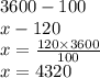 3600 - 100 \\ x - 120 \\ x = \frac{120 \times 3600}{100} \\ x = 4320