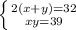 \left \{ {{2(x+y)=32} \atop {xy=39}} \right.