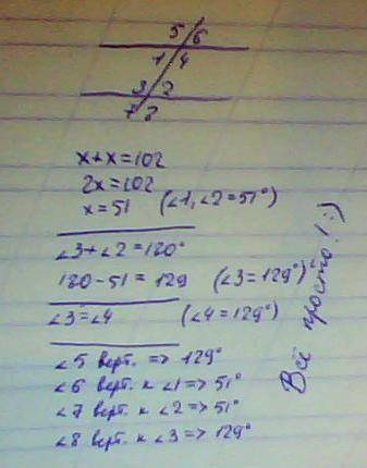 Дано: a параллельна b ,c-секущая,< 1-< 2=102 градусов найти: все образовавшиеся углы