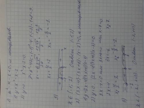 Решить квадратные неравенства 1) x^2-x-2< 0 2) (2x-4)(3x+6)(x-7)> 0 подробно все расписать)