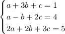 \begin{cases}a+3b+c=1\\a-b+2c=4\\2a+2b+3c=5\end{cases}