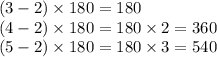 (3 - 2) \times 180 = 180 \\ (4 - 2) \times 180 = 180 \times 2 = 360 \\ (5 - 2) \times 180 = 180 \times 3 = 540