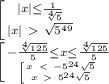 \left [ {{|x| \leq \frac{1}{ \sqrt[4]{5} } } \atop {|x|\ \textgreater \ \sqrt{5^{49}} }} \right. \\ \left [ { -\frac{ \sqrt[4]{125} }{5}\leq {x \leq \frac{ \sqrt[4]{125} }{5} } \atop { \left [ {{x\ \textless \ -5^{24} \sqrt{5} } \atop {x\ \textgreater \ 5^{24} \sqrt{5} }} \right. }} \right.