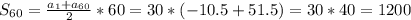 S_{60}=\frac{a_1+a_{60}}{2} *60=30*(-10.5+51.5)=30*40=1200