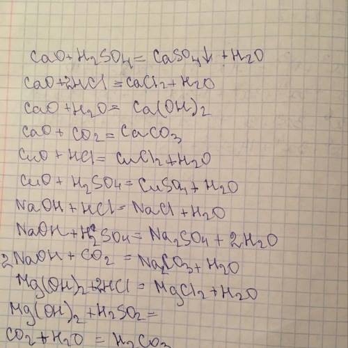 )cao+h²so⁴= cao+hcl= cao+h²o= cao+co²= cuo+hcl= cuo+h²so⁴= naoh+hcl= naoh+h²so⁴= naoh+co²= mg(oh)²+h
