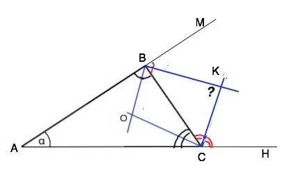 Один из углов треугольника равен α. найдите угол между биссектрисами внешних углов, проведённых из в
