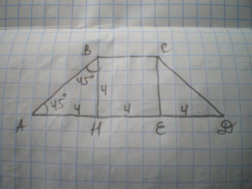 Вравнобедренной трапеции основания равны 4 и 12, а угол при основании равен 45о. чему равна площадь