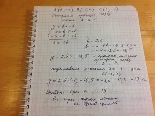 При каком значении a точки a(5; −4),b(−1; a),c(3; −9) лежат на одной прямой?