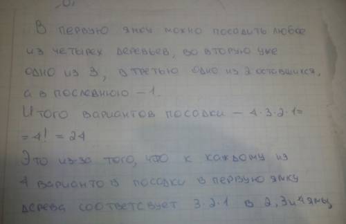 Планируется посадить в один ряд в четыре ямки в каждую по одному из четырех саженцев фруктовых дерев
