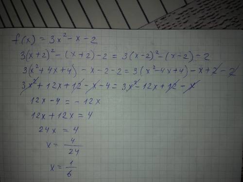 Дана функция y=f(x), где f(x)=3x^2-x-2.при каком значении аргумента выполняется равенство f(x+2)=f(x