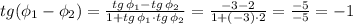 tg(\phi_1-\phi_2)=\frac{tg\,\phi_1-tg\, \phi_2}{1+tg\, \phi_1\cdot tg\,\phi_2}=&#10;\frac{-3-2}{1+(-3)\cdot 2}=\frac{-5}{-5}=-1