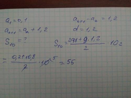 Арифметическая прогрессия задана условием a1=0,1, an+1=an+1,2. найдите сумму первых 10 ее членов.