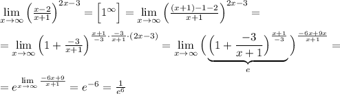 \lim\limits _{x \to \infty} \Big ( \frac{x-2}{x+1}\Big )^{2x-3}=\Big [1^{\infty}\Big ]= \lim\limits _{x \to \infty}\Big (\frac{(x+1)-1-2}{x+1} \Big )^{2x-3}=\\\\= \lim\limits _{x \to \infty}\Big (1+\frac{-3}{x+1} \Big )^{\frac{x+1}{-3}\cdot \frac{-3}{x+1}\cdot (2x-3)}= \lim\limits _{x \to \infty}\Big (\underbrace {\Big (1+\frac{-3}{x+1}\Big )^{\frac{x+1}{-3}}}_{e}\Big )^{\frac{-6x+9x}{x+1}}=\\\\=e^{\lim\limits _{x \to \infty}\frac{-6x+9}{x+1}}=e^{-6}= \frac{1}{e^6}