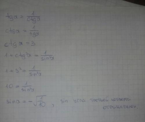 Зная, что tgα=1/3; π≤α≤3π/2, вычислите sinα.