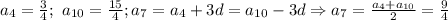 a_4=\frac{3}{4};\ a_{10}=\frac{15}{4}; a_7=a_4+3d=a_{10}-3d\Rightarrow&#10;a_7=\frac{a_4+a_{10}}{2}=\frac{9}{4}