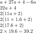 a + 27a + 4 - 6a \\ 22a + 4 \\ 2(11a + 2) \\ 2(11 \times 1.6 + 2) \\ 2(17.6 + 2) \\ 2 \times 19.6 = 39.2