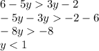 6 - 5y 3y - 2 \\ - 5y - 3y - 2 - 6 \\ - 8y - 8 \\ y < 1