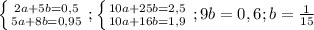 \left \{ {{2a+5b=0,5} \atop {5a+8b=0,95}} \right. ; \left \{ {{10a+25b=2,5} \atop {10a+16b=1,9}} \right. ; 9b=0,6; b = \frac{1}{15}