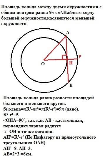 Площадь кольца между двумя окружностями с общим центром равна 9 см².найдите хорду большей окружности