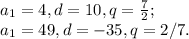 a_1=4, d=10, q=\frac{7}{2}; \newline a_1=49, d=-35, q=2/7.